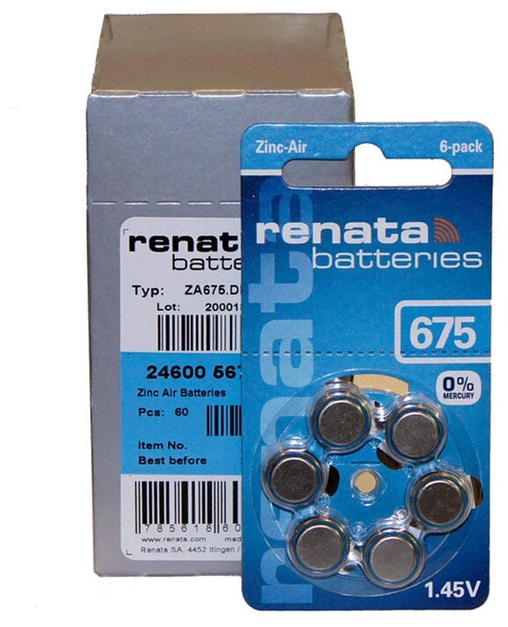 Батарейки для слухового аппарата Renata ZA675, 30 шт