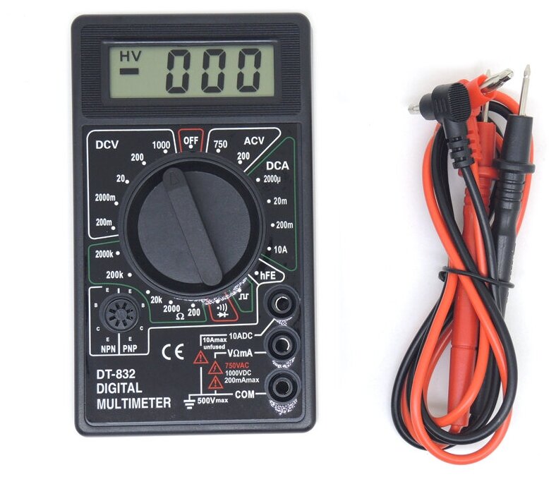 Мультиметр DT 832 /цифровой, постоянное напряжение: до 1 кВ, переменное: до 750 В, до 10 А, до 2000 кОм, генератор сигнала 5В 50Гц - фотография № 1