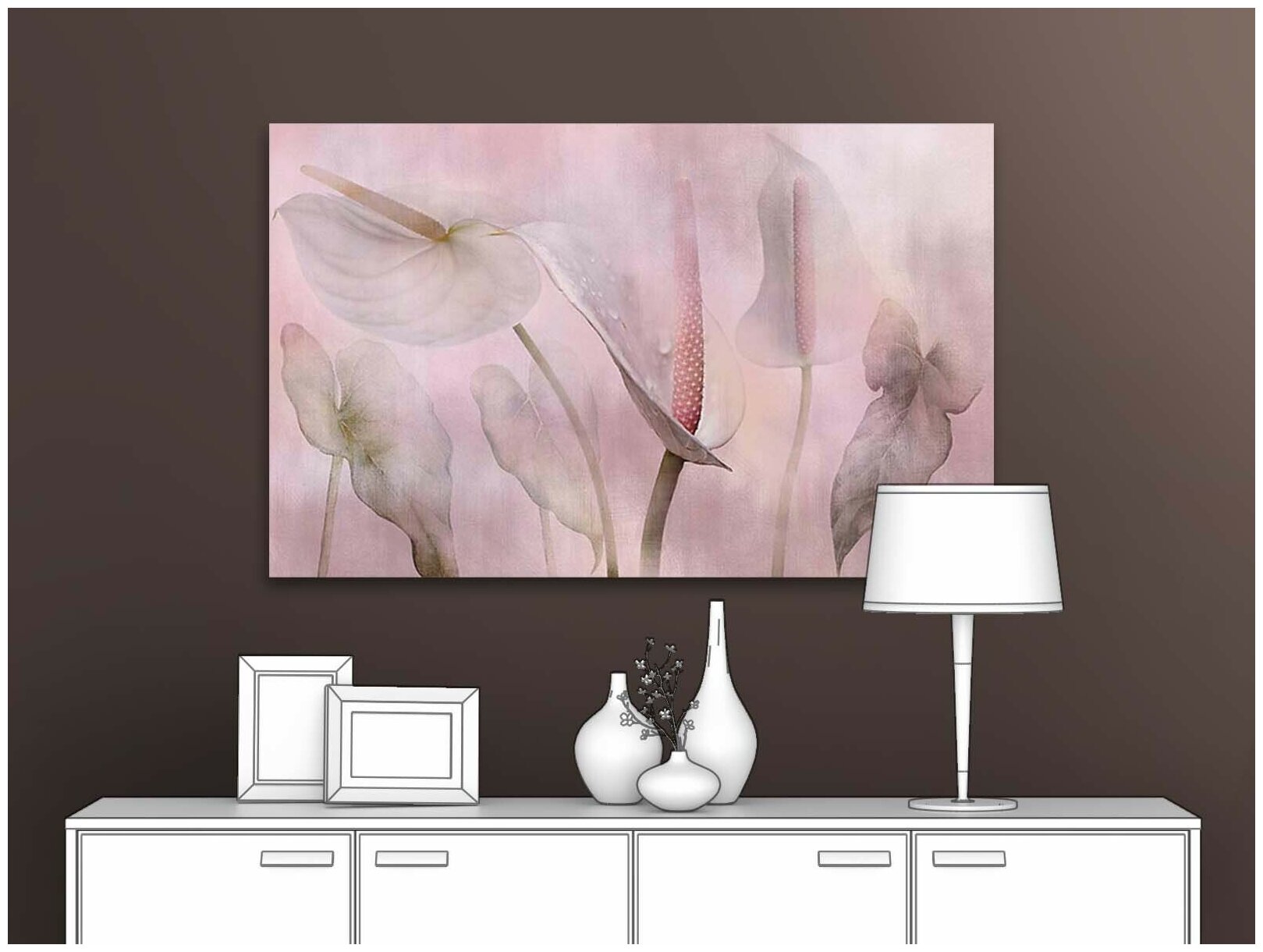 Картина на стену на холсте для интерьера первое ателье "Каллы в розовом тумане" 80х50 см (ШхВ), на деревянном подрамнике Premium