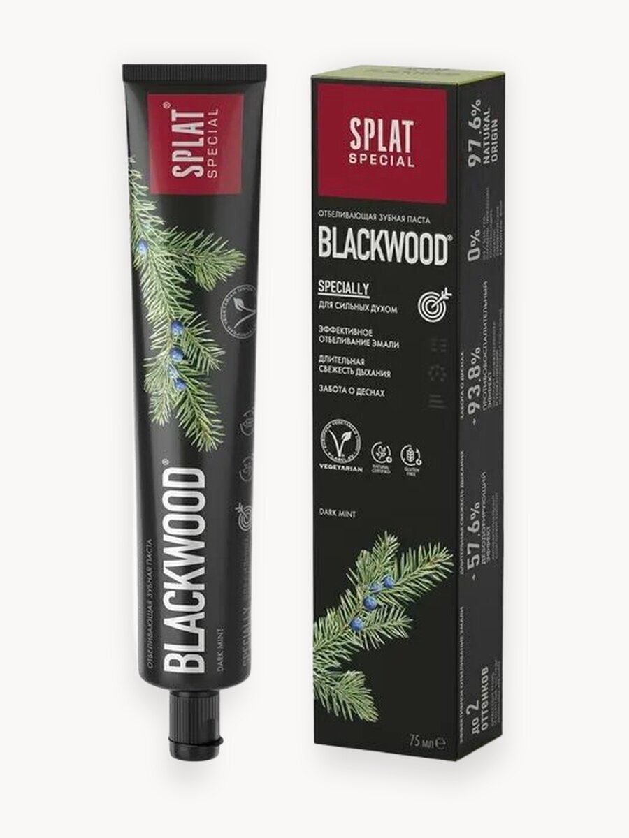 Чёрная зубная паста для отбеливания зубов SPLAT Special BLACKWOOD Черное дерево, без фтора, 75 мл