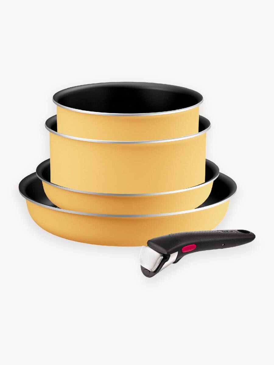 Набор посуды Tefal Ingenio Simply Cook L7279202, желтый, 5 предметов: сковороды 22/26 см, ковш 18/20 см, съемная ручка