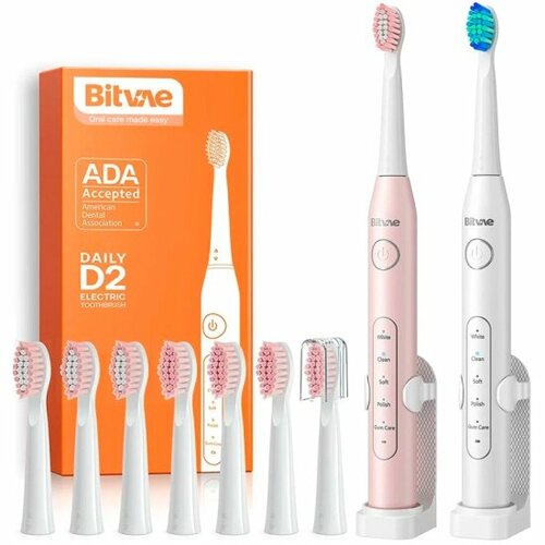 Набор электрических зубных щеток Bitvae D2 Daily 2 подставки8 насадок2 колпачка для насадок белая и розовая 339000₽