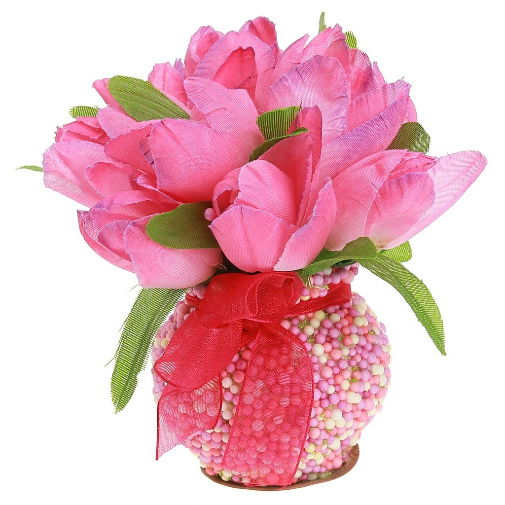 Цветочная композиция КНР "Тюльпаны", 12 см, в декоративной вазочке 6,5х6,5х6,5 см, цвета микс