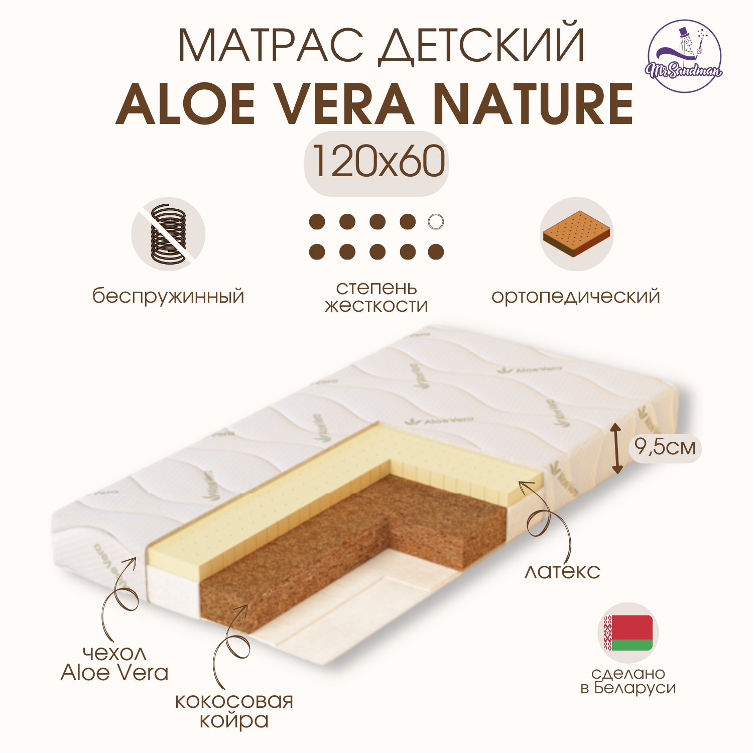 Матрас детский в кроватку для новорожденных Mr Sandman Aloe Vera Nature 120х60 см