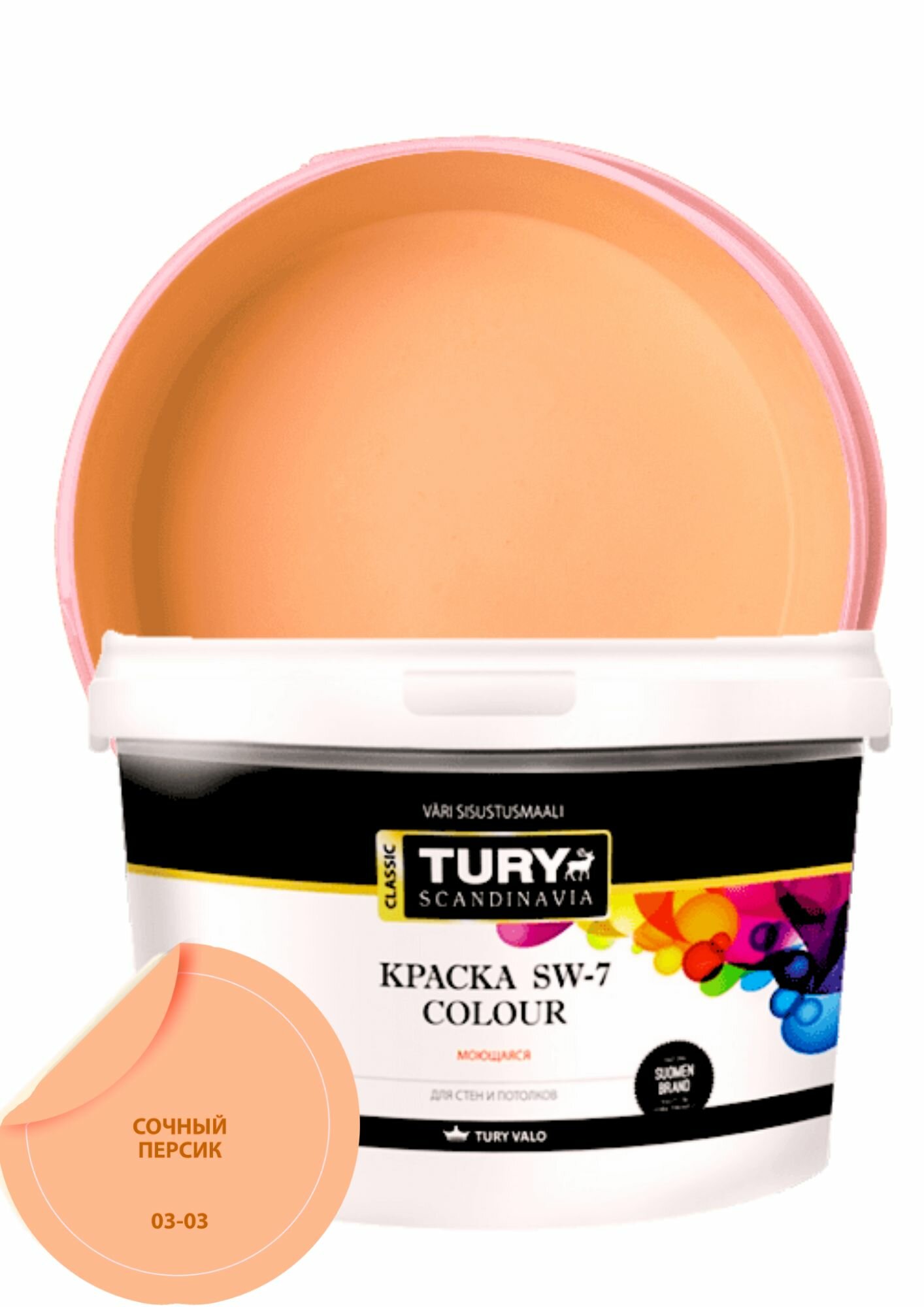 Краска для обоев, стен и потолков TURY SW-7 Colour акриловая моющаяся быстросохнущая матовая, без запаха, цвет Сочный Персик, 2.4 кг