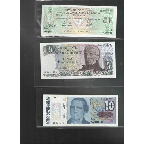 Набор банкнот 1, 10 аустралей 1985-1991+ 5 песо 1983 Аргентина 3шт
