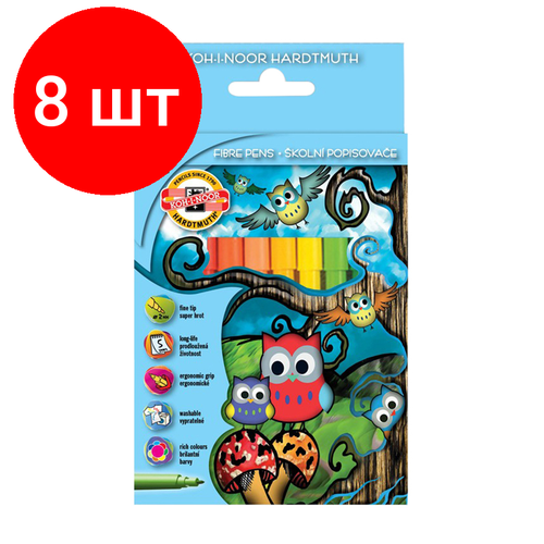 фломастеры 12 цв koh i noor owls трехгранные смываемые 771012ab02ks в к уп 1 12 Комплект 8 шт, Фломастеры Koh-I-Noor Owls, 10цв, трехгранные, смываемые, картон, европодвес