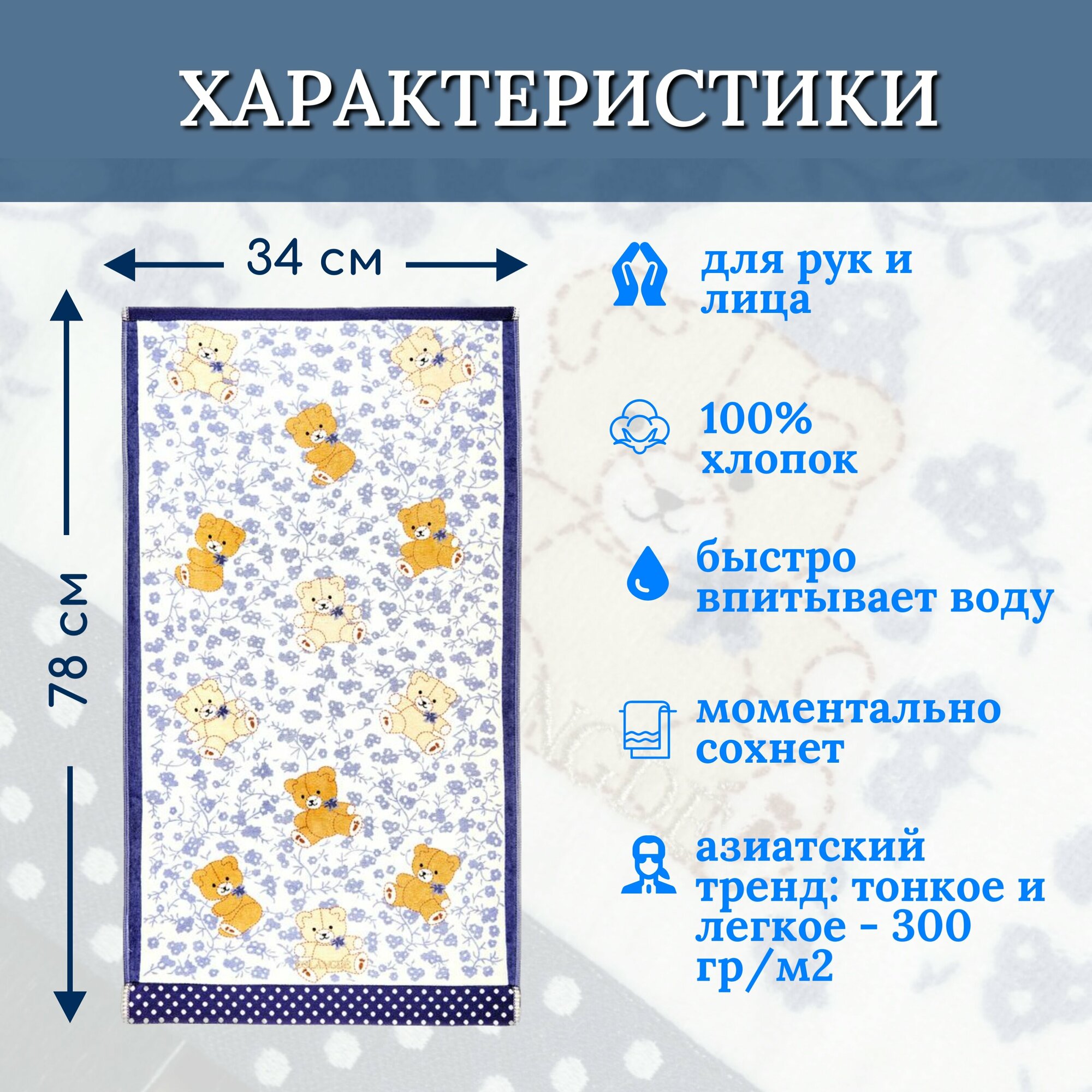 Полотенце для рук и лица 1 шт, полотенце для ванной махровое, велюровое BOLANGDE, 100% хлопок, рисунок цветы, Япония Мишки маленькие 34х78, синий