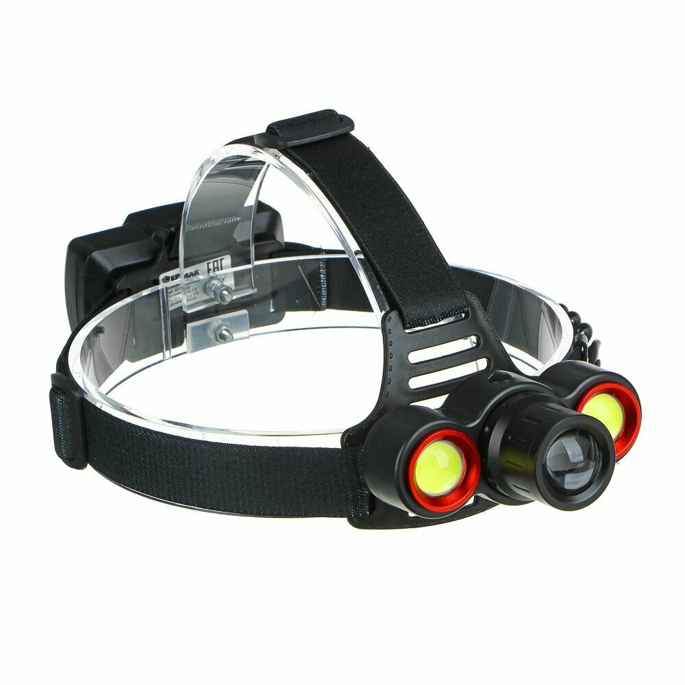 фото Ермак Фонарь налобный, 1 LED + 2 COB, с фокусировкой, 2*1200мАч, 4 режима, пластик