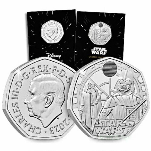 Монета 50 пенсов Звездные воины Дарт Вейдер и Палпатин в блистере. Великобритания 2023 BU