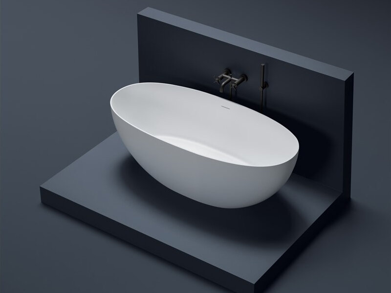 фото Ванна отдельностоящая из искусственного камня TREESSE VERA V065BL, белая глянцевая, слив перелив в комплекте