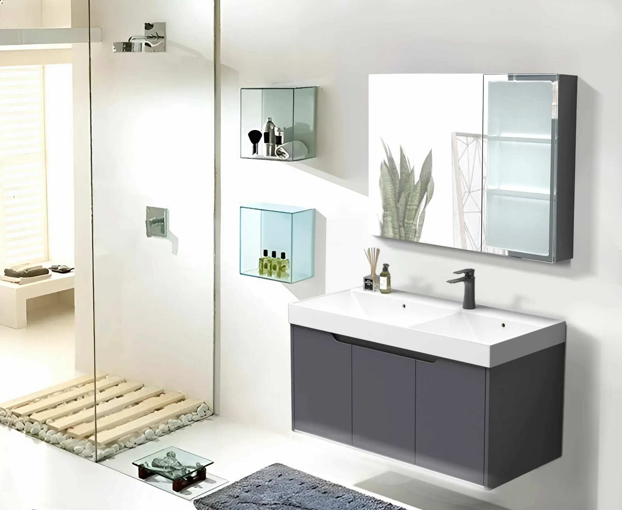 Мебель для ванной Ceruttispa подвесная, с зеркальным шкафом, с двойной раковиной, темно-серый - фото №2