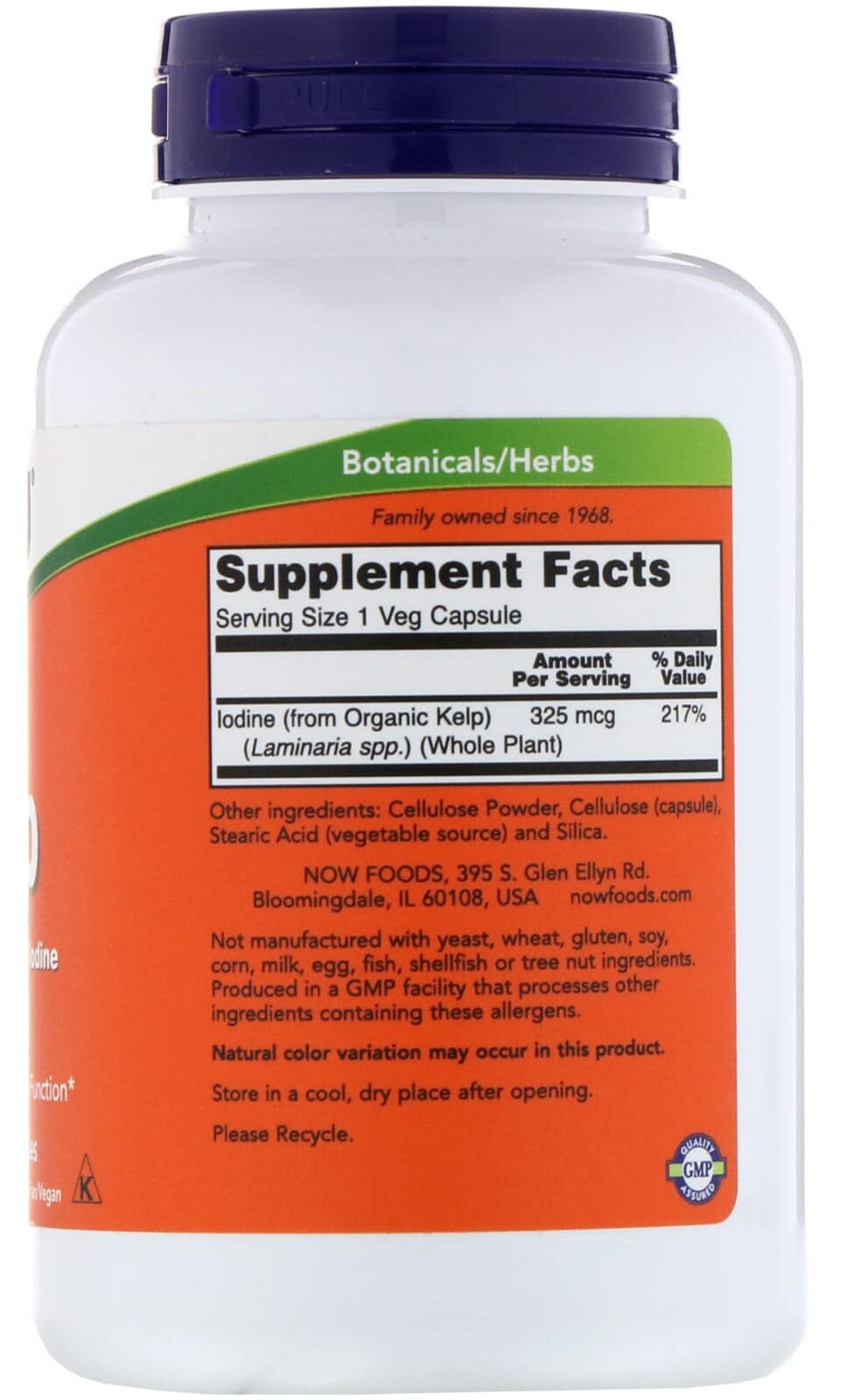 NOW Foods Kelp 325 mcg, НАУ Бурая водоросль 325 мкг 250 капсул — фото 1