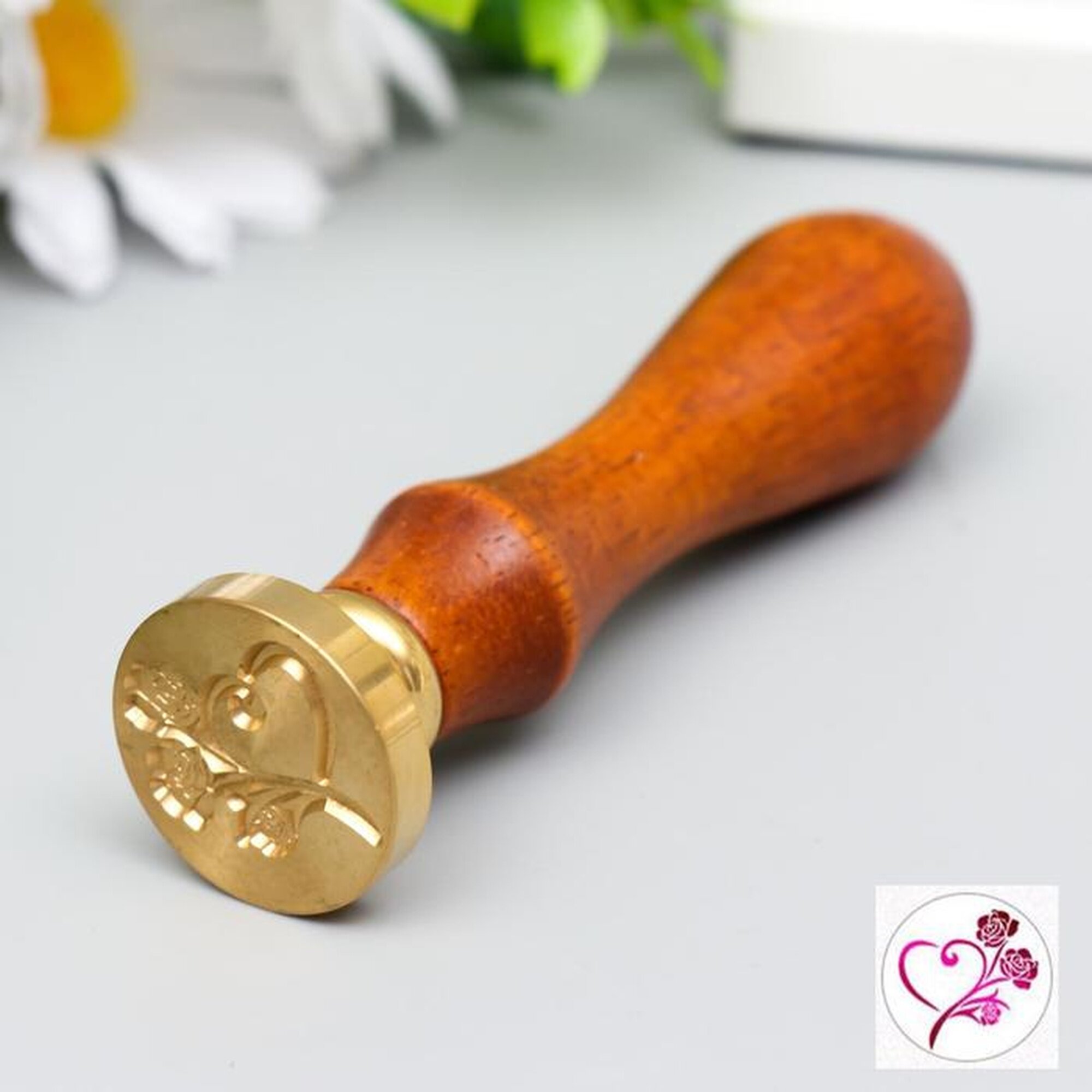 Сургучная печать с деревянной ручкой «Розы и сердце», 9×2.5×2.5 см