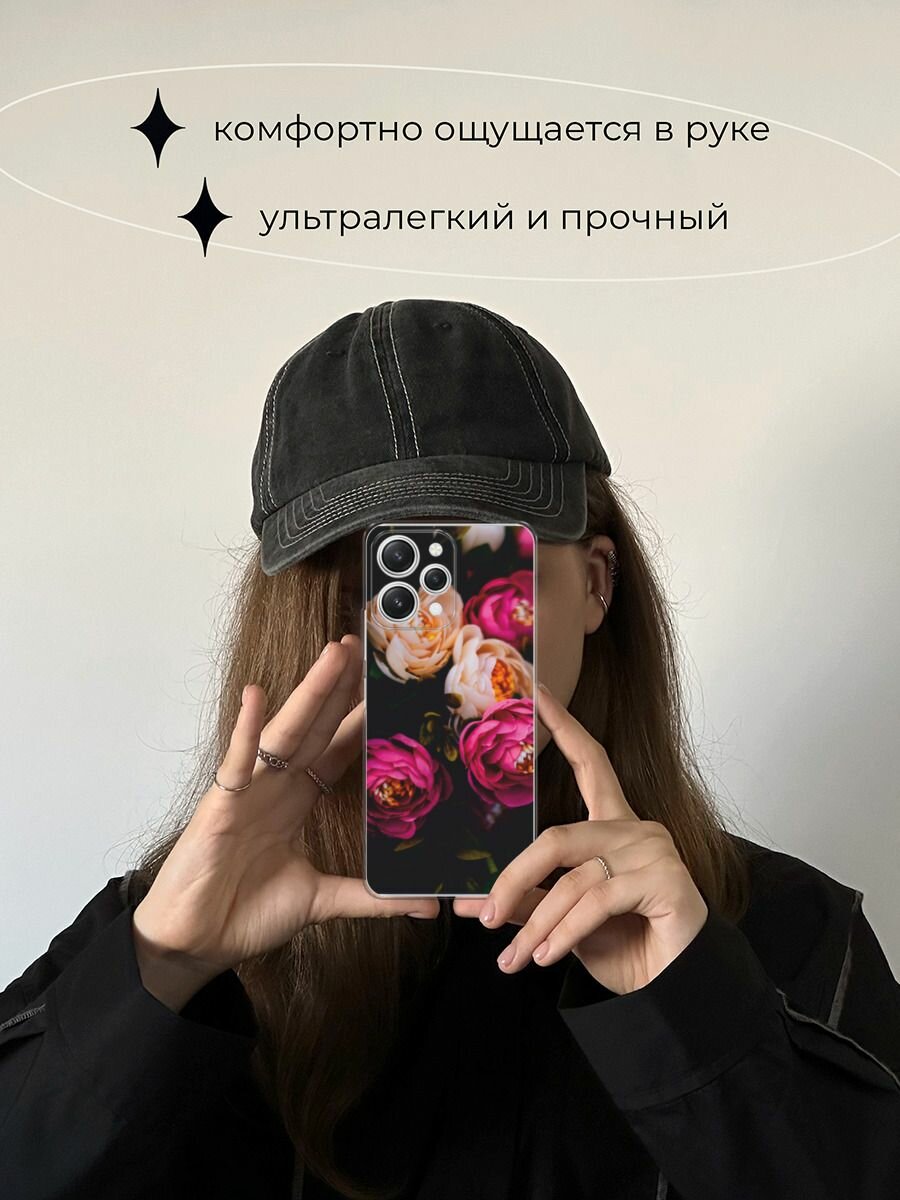 Чехол на Xiaomi Redmi 12 5G / Сяоми Редми 12 5G с принтом "Розовые пионы на черном" — фото 1