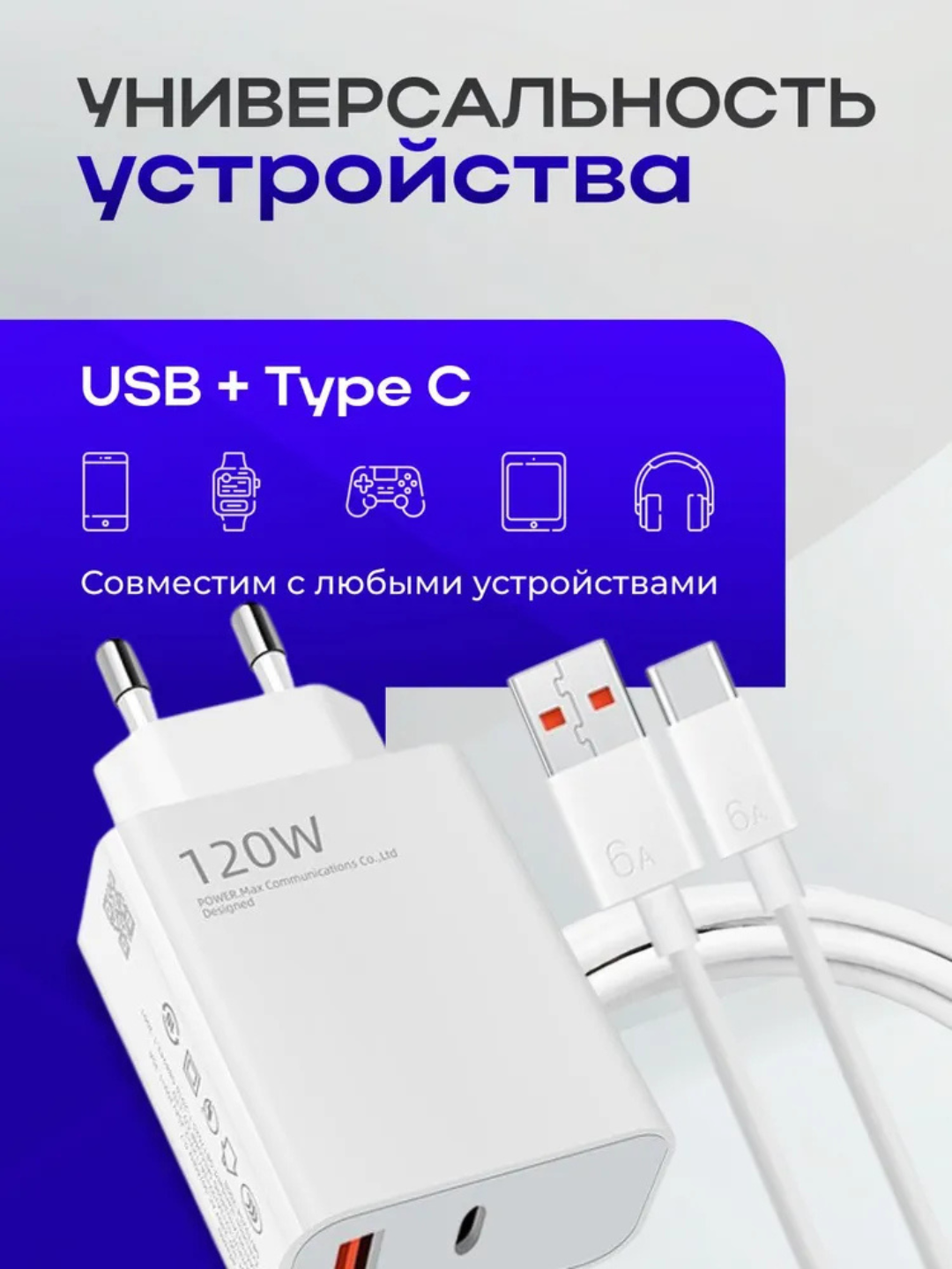 Зарядное устройство USB Type-C для телефона–безопасное питание, универсальная совместимость — фото 1