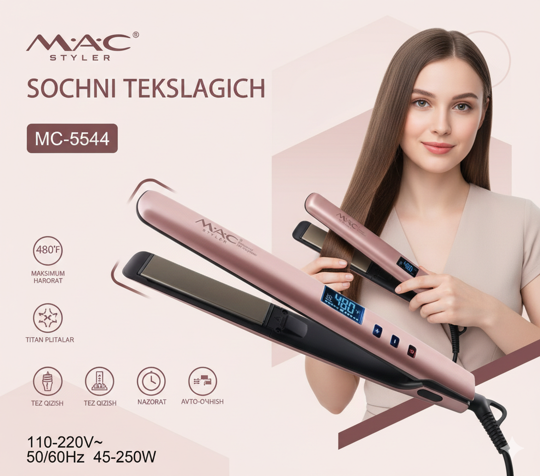 Профессиональный утюжок, выпрямитель для волос MAC Styler , с LCD дисплеем Pink
