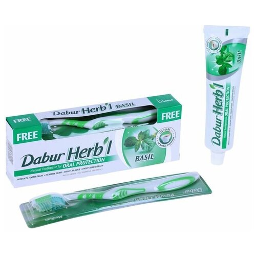 Зубная паста Дабур Хербал Базил (Dabur Herb'I Basil) в комплекте с зубной щеткой, антибактериальная, от кариеса и болезней десен, 150 г. dabur herb l basil зубная паста с экстрактом базилика 150 г зубная щетка 3 шт