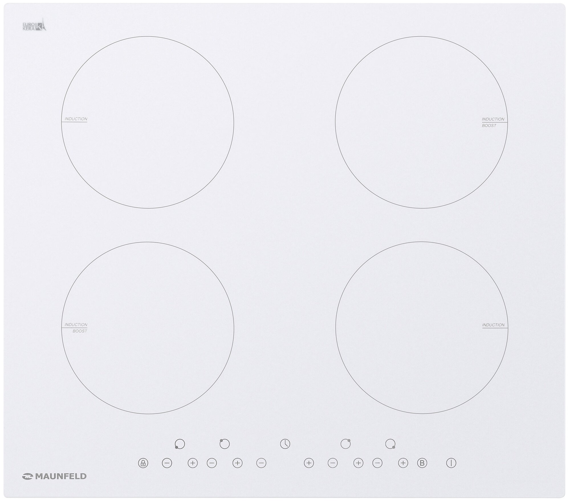 Встраиваемые индукционные панели MAUNFELD/ Индукционная, Индукционная варочная панель 60см, сенсорное управление, индикация нагрева, таймер, 2 бустера, защита от детей, детектор диаметра посуды, белая