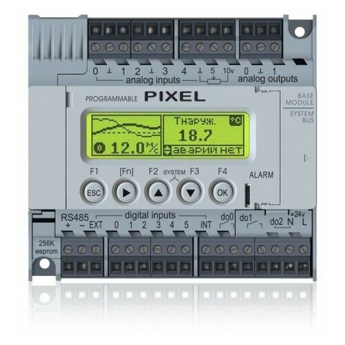 Pixel-2514-02-0 Контроллер + HMI 122x32 пикс для вентиляции 6DI 2RO 1DO 5AI (pt1000) 1AI (0-10В/4-20мА) 2AO (0-10В) 1RS485 Modbus RTU