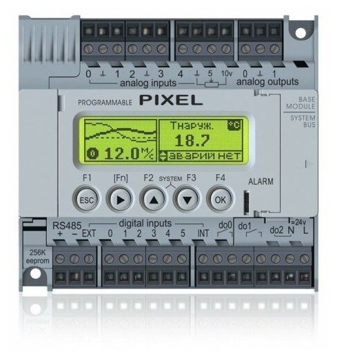 Pixel-2514-02-0 Контроллер + HMI 122x32 пикс для вентиляции 6DI 2RO 1DO 5AI (pt1000) 1AI (0-10В/4-20мА) 2AO (0-10В) 1RS485 Modbus RTU