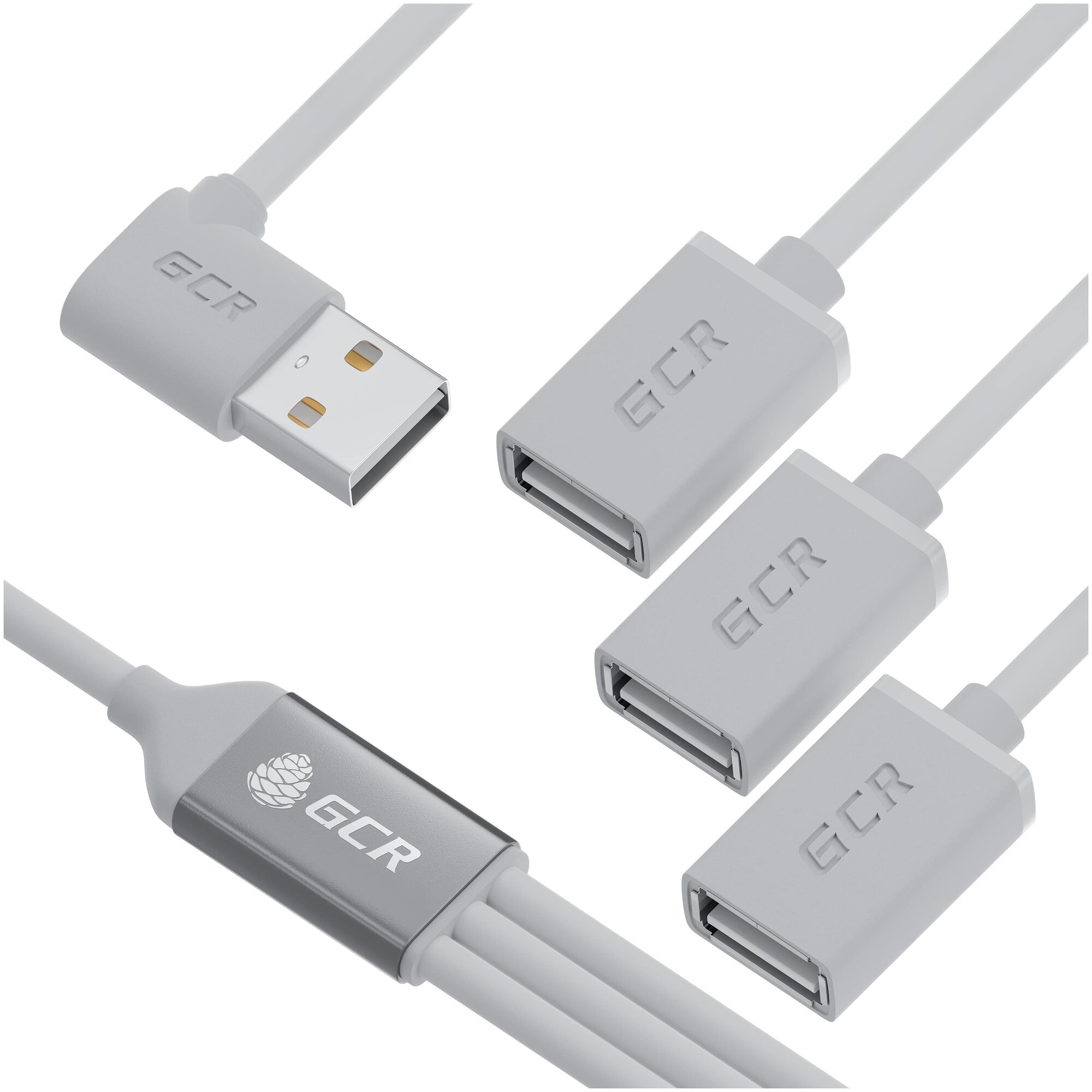 GCR USB Hub на 3 порта, 0.35m, гибкий, AM / 3 х AF, белый