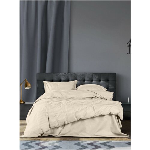 Комплект постельного белья, хлопок, страйп сатин, евро стандарт, кремовый