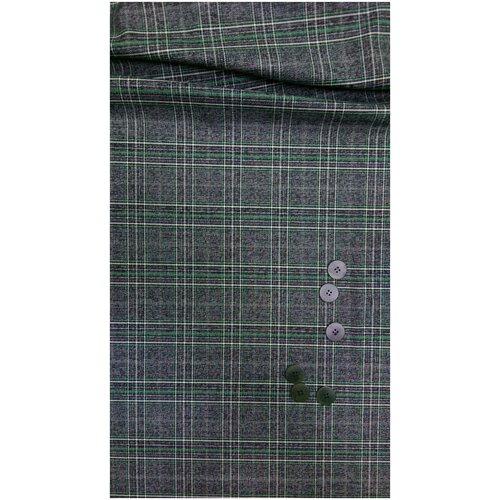 Ткань Костюмно-плательная серого цвета с зелёной клеткой Италия