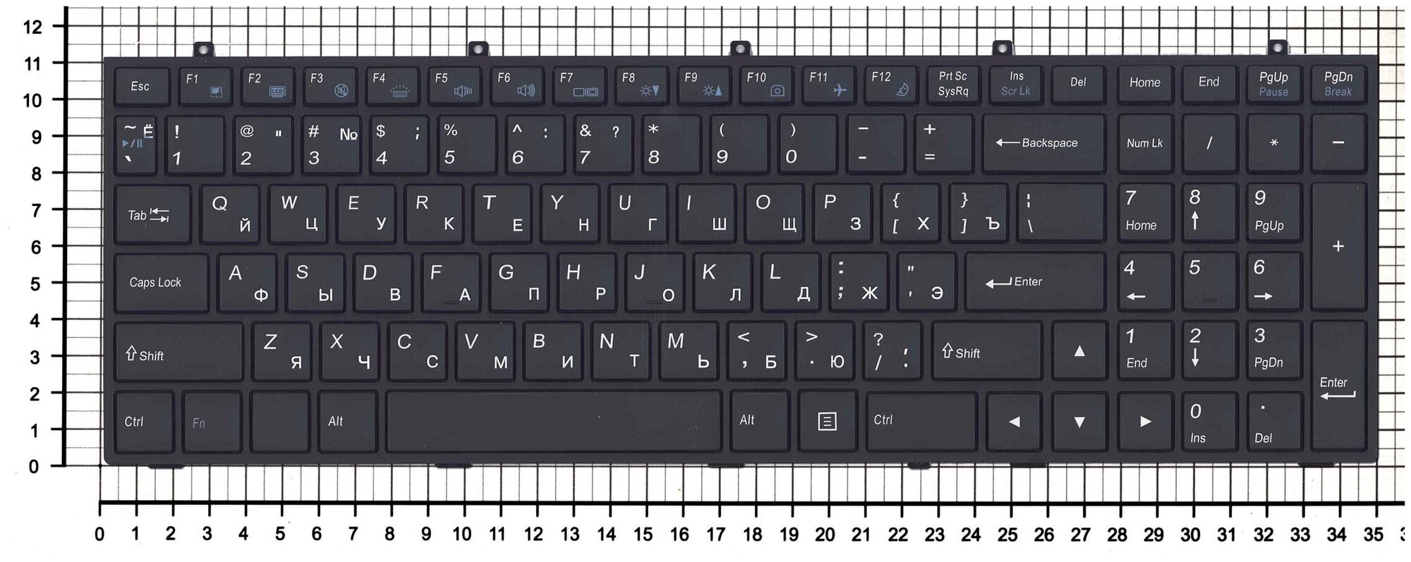 Клавиатура для ноутбука DNS Clevo W350 W370 черная c черной рамкой и подсветкой, плоский Enter