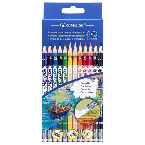 фото Цветные карандаши acmeliae с ластиком (стираемые), 12 цветов