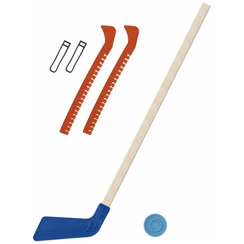 фото Набор зимний: клюшка хоккейная синяя 80 см.+шайба + чехлы для коньков оранжевые, задира-плюс