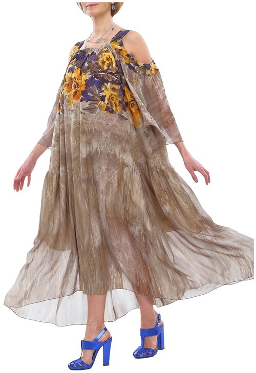 Платье-сарафан из шёлкового крепа и шифона принт цветы в бежевом оттенке, 54-64