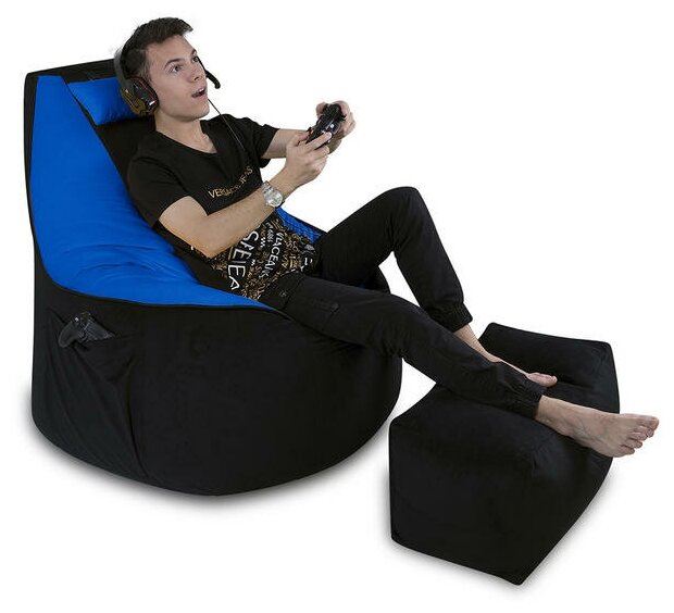 MyPuff кресло-мешок игровое кресло Геймер, размер ХXXХL, мебельный велюр, черно-голубое - фотография № 3