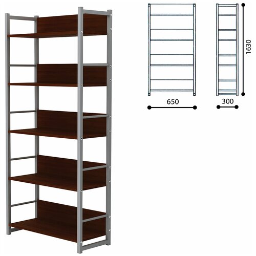 Стеллаж на металлокаркасе, 1630×650×300 мм, серый каркас, 5 полок ЛДСП орех