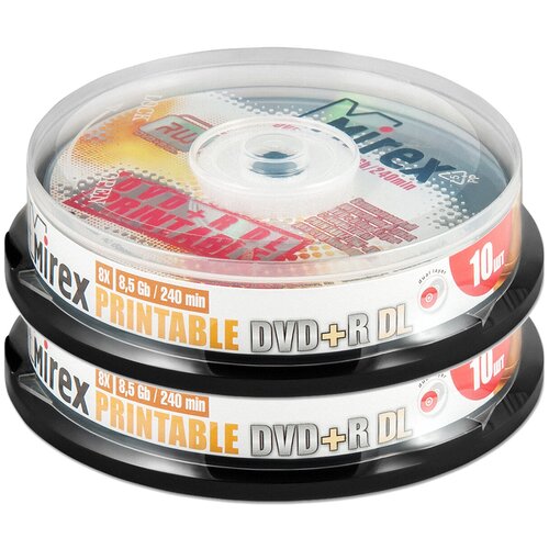 Диск DVD+R Double Layer 8.5Gb Mirex 8x Printable cake, упаковка 20 шт. (2 банки по 10) диск mirex dvd rw перезаписываемый cake упаковка 20 шт 2 банки по 10