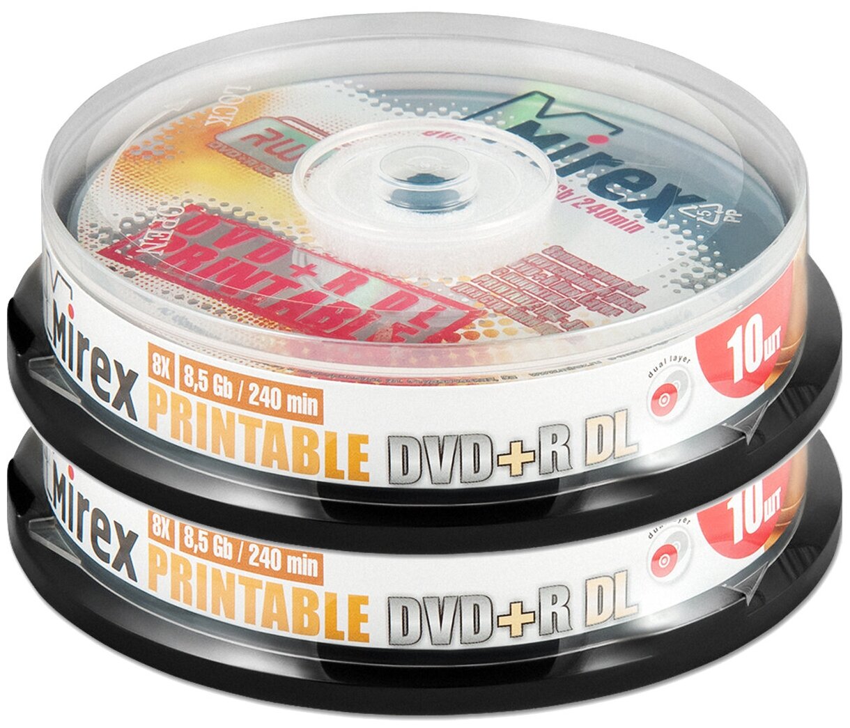 Диск DVD+R Double Layer 8.5Gb Mirex 8x Printable cake, упаковка 20 шт. (2 банки по 10)