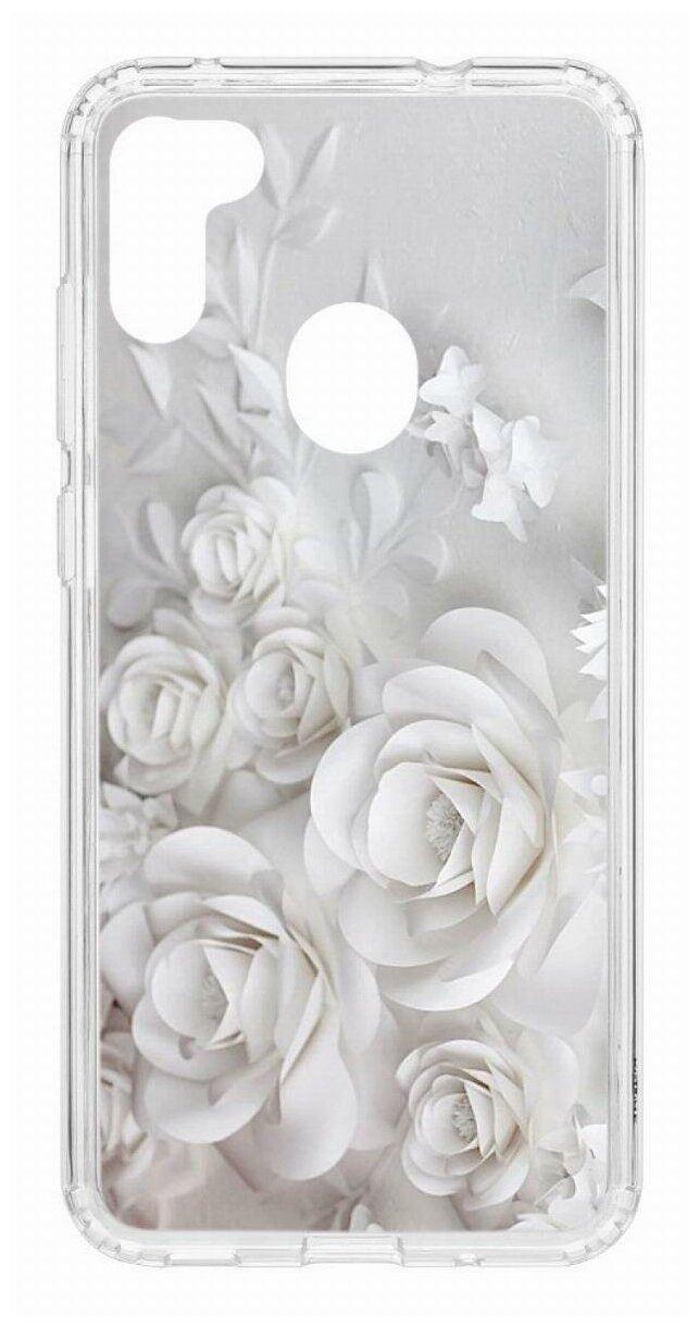 Чехол для Samsung Galaxy M11 Kruche Print White roses, пластиковая накладка, силиконовый бампер с защитой камеры, защитный прозрачный кейс с рисунком