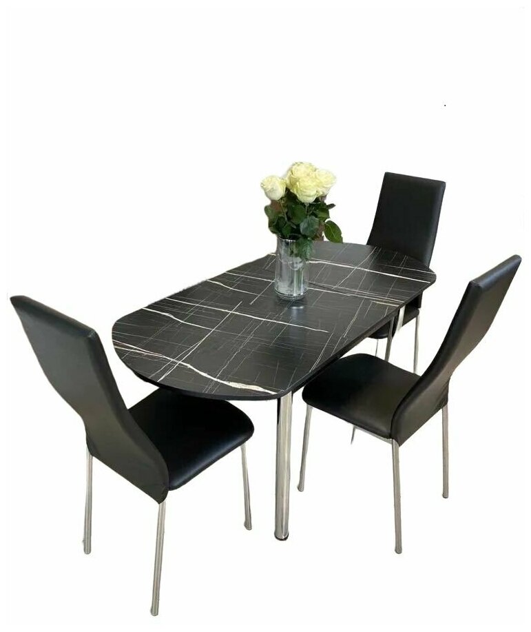 Обеденная группа стол кухонный со стульями NGVK Овал Черный мрамор и 3 стула Омега цвет Черный
