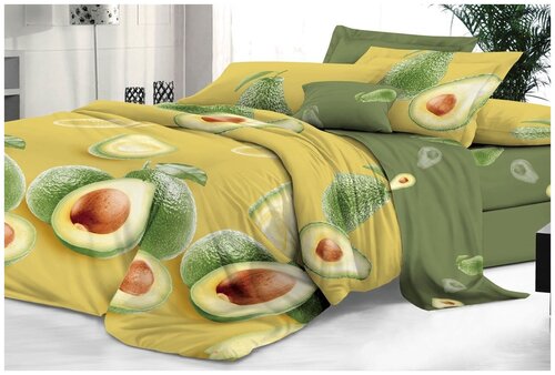 Комплект постельного белья Эльф авокадо 2-x спальный с простыней Евро, Сатин, наволочки 70x70, авокадо