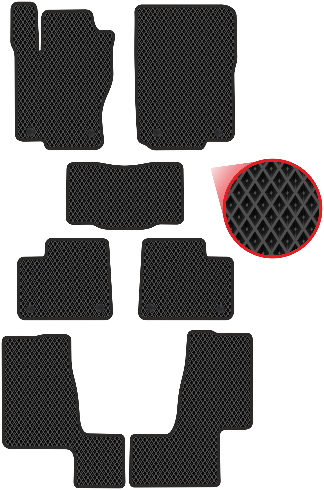 Автомобильные коврики EVA для Mercedes-Benz GLS-klasse I X166 3 ряда (2015-2019) чёрные с чёрным кантом ячейка - ромб