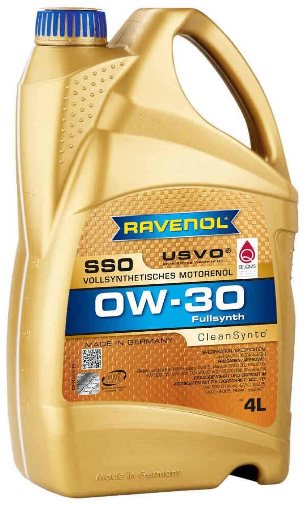 Синтетическое моторное масло RAVENOL Super Synthetic SSO SAE 0W-30, 4 л, 3.8 л