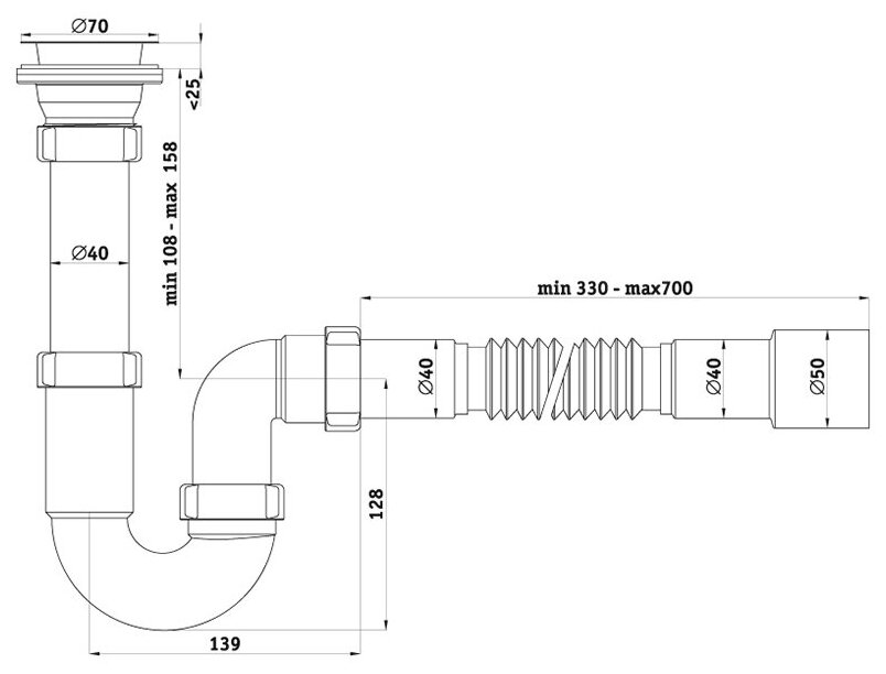 Сифон для кухонной мойки АНИ пласт D0115, 1 1/2"х40 прямоточный с гибкой трубой 40х40/50 мм