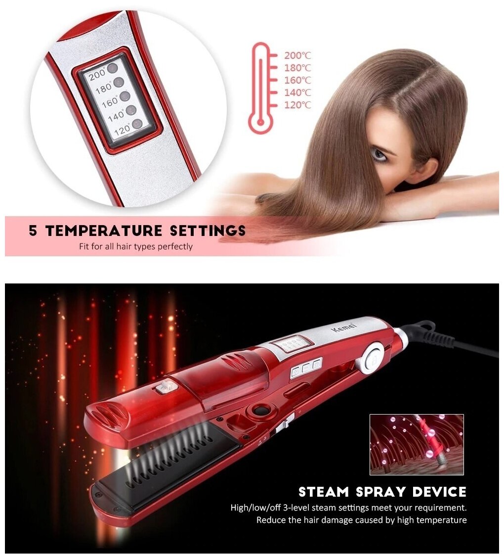 Щипцы для выпрямления волос с терморегулятором и паром Kemei KM-3011 - фотография № 5