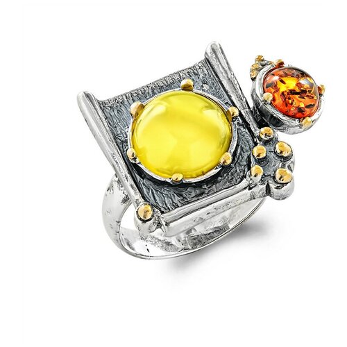 Кольцо SADAF серебро, 925 проба, оксидирование, золочение, янтарь, желтый