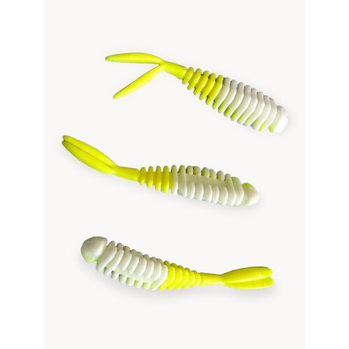 Силиконовая приманка для форели Креветка 55 мм, 10 шт в банке, аттрактант Сыр, цвет Белый-Лимонный