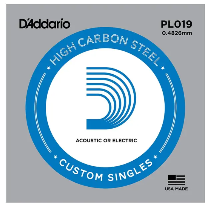 Струна для акустической и электрогитары D'Addario PL019 High Carbon Steel Custom Singles, сталь, калибр 19, D'Addario (Дадарио)