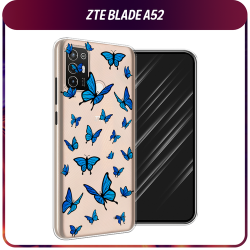 Силиконовый чехол на ZTE Blade A52 / ЗТЕ Блэйд А52 Синие бабочки, прозрачный