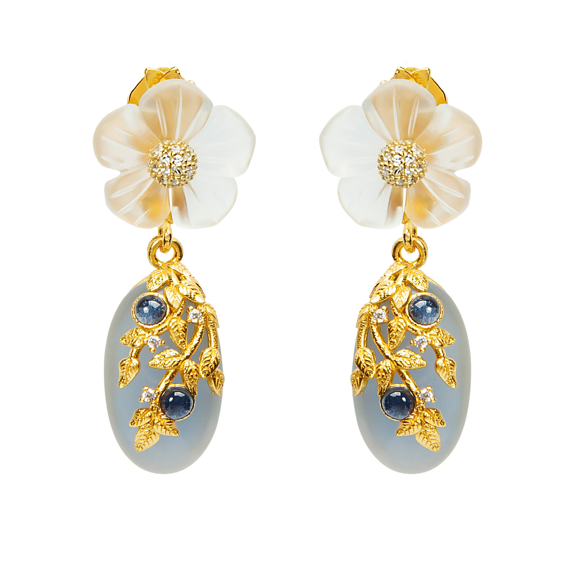 Серьги с подвесками Misis, серебро, 925 проба, золочение, корунд, циркон, кварц, длина 4 см, , голубой