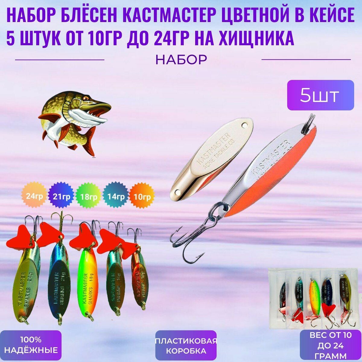 Набор блёсен кастмастер в кейсе цветной 5 шт на хищника от 10 до 24 грамм