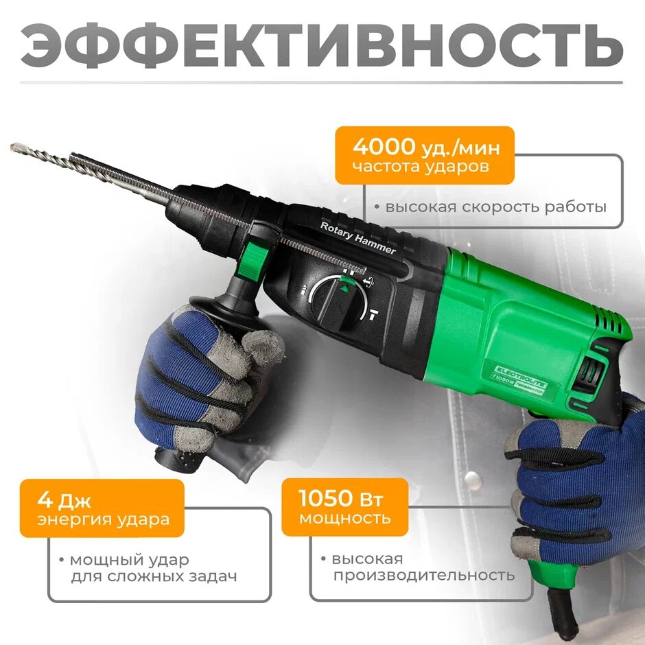 Перфоратор ELECTROLITE П 1050 ( 1050 Вт, 4 Дж, 3 режима, SDS +, кейс, набор буров ) — фото 1
